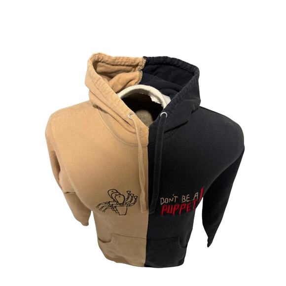 UNXPECTD Split Hoodie “Don’t Be a Puppet” Graphic Tan Black Size Small - Picture 3 of 6